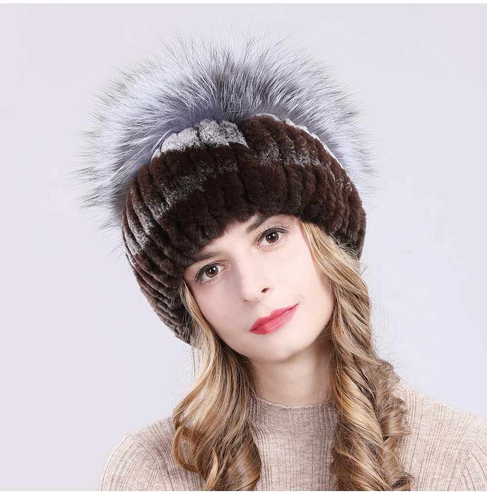 Outdoor Women Warm Soft Genuine Rex Rabbit Fur Hat Knitted Natural Real Sliver Fox Fur Caps Winter Real Rabbit Fur Beanies Hats