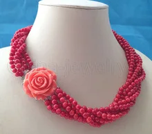 

Wonderful Lucky Beautiful 17" 5mm 6row red coral necklace - GP clasp Women wide Factory wholesale price