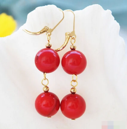 

FREE SHIPPING>>> 1543 red round coral bead dangle earring