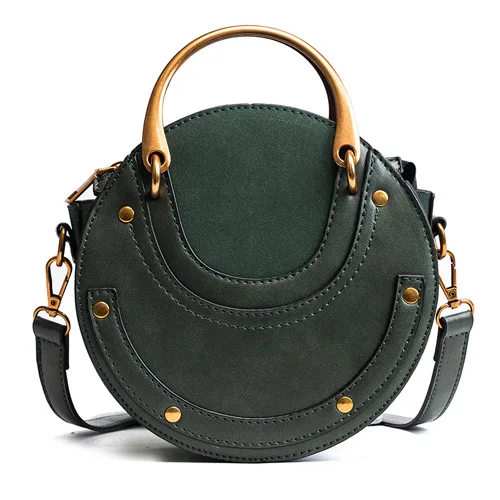 Женская сумка модная круговая кожаная Ретро брендовая Сумочка с металлическим кольцом для девушек маленькая круглая дамская сумка через плечо - Цвет: Зеленый