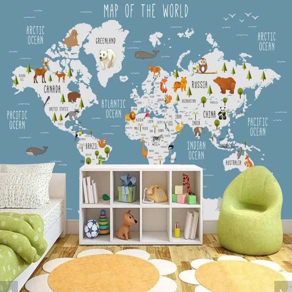 

3D Carton Animal World Map Wallpaper Mural for Kids Room Children Bedroom Vintage Wall Papers Home Decor Wall Papers Home Decor