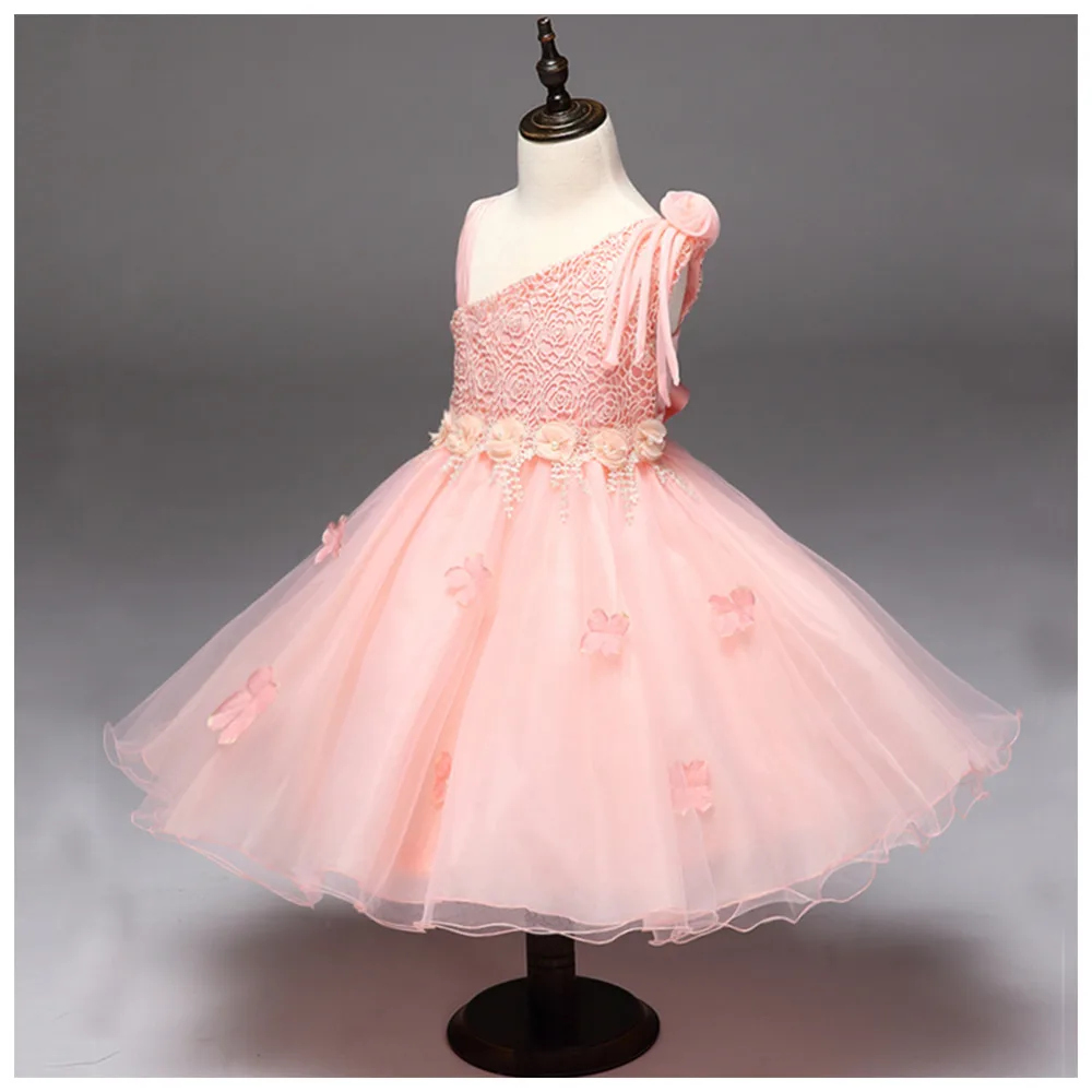 

Kids Dresses for Girls Party Dresses Ruffles Sleeve Ball Gown One Off Shoulder Oblique Collar Clothes Pink Princess Girl Dress
