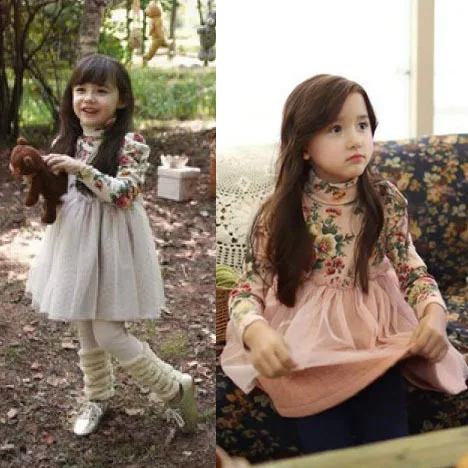 (100-140cm) 5pcs/lot Winter Fashion turtleneck long sleeve patchwork floral print Girl Dress /Princess Dress/ | Мать и ребенок