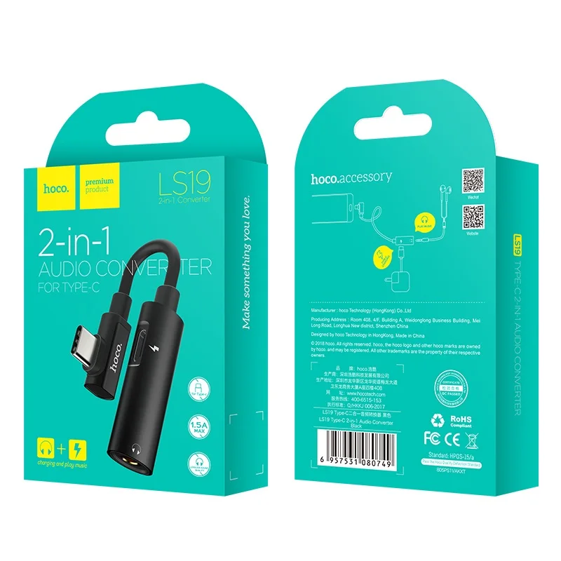 HOCO USB Type C to 3.5mm Aux Jack Adapter 2 in 1 3.5 Audio Headphone Adapter Charger Splitter for xiaomi mi 8 mix huawei P20