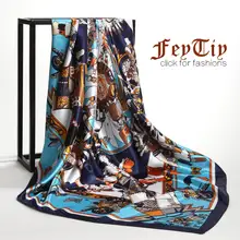 Модные шарфы для Для женщин, большой размер, принтованный Шелковый сатиновый хиджаб шарф женский квадратный платок Элитный бренд шарф на голову для дам 90 см* 90 см