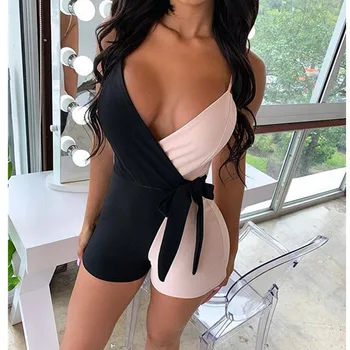 

Women Sexy Playsuits Summer V-neck Backless Bow Tie Jumpsuits Rompers Patchwork Plausuits