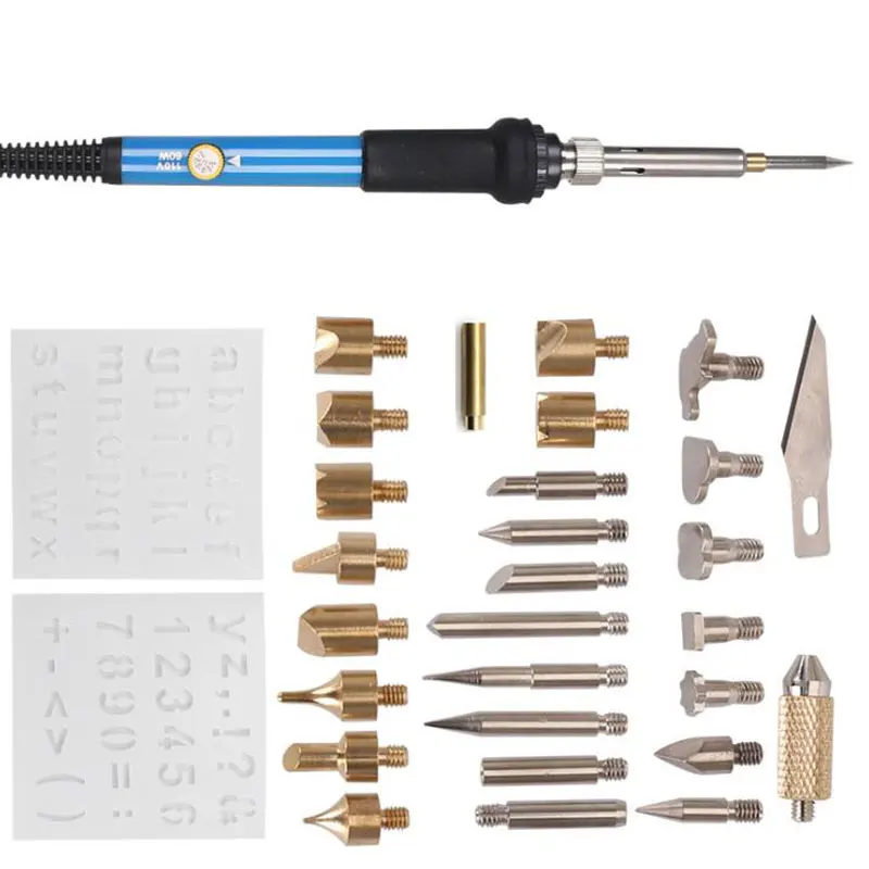 

60w Adjustable Soldering Iron Carving Pyrography Tool Wood Embossing Burning Solder Pen Set Welding 28 Tips Kit
