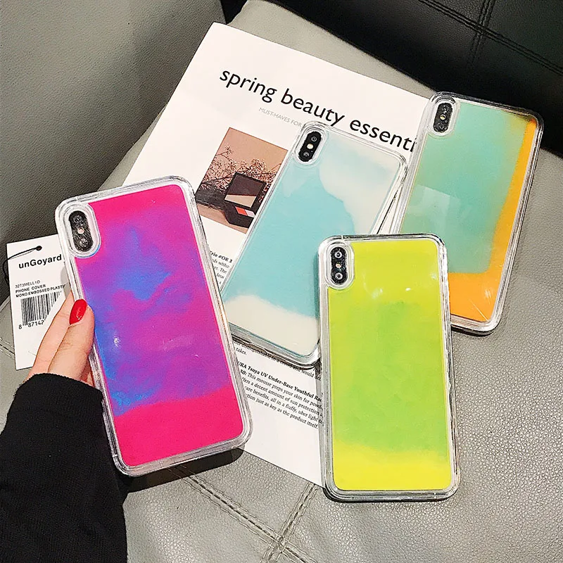 

Luminous Neon Sand Solid color Case for iPhone XR XS max X 6 7 8plus Glow In The Dark Liquid Glitter Quicksand Phone Case cover