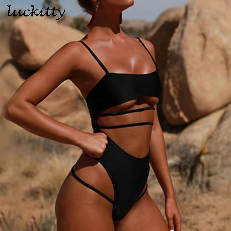 

2019 Sexy Black Monokini Bathing Swim Suit For Women Swimwear Solid High Waist One Piece Swimsuit Bandage Maillot De Bain Black