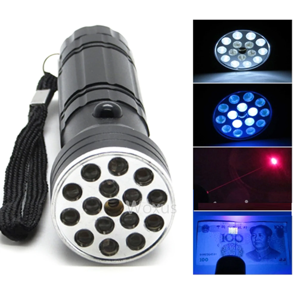 50pcs/lot 3 in 1 15 LED UV Laser Flashlight Multifunction LED