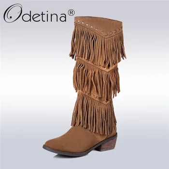 

Odetina 2017 Women Ethnic Genuine Leather Fringe Boots Cow Suede Mid Calf Boots With Tassel Women Winter Chunky Heel Big Size 43