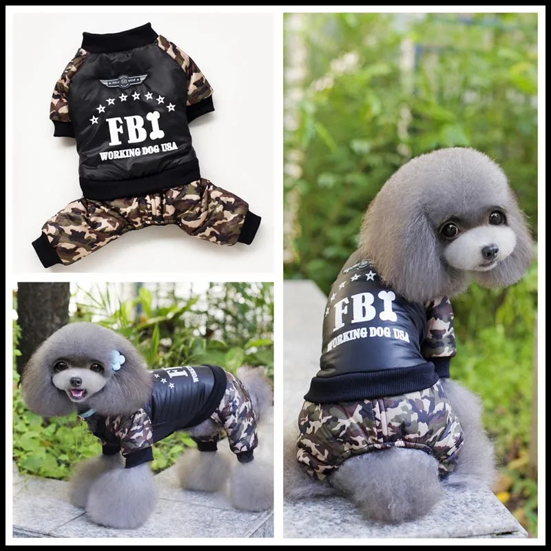 Cool FBI Designer Dog Clothes Camouflage Costume Jumpsuit Winter Coat