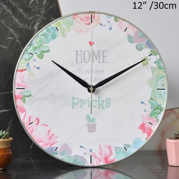 

Silver Circled 30cm Floral MDF Wall Clock Modern HOME is Where Your Cactus Pricks Flowers White With Arabic Number Printed Clock