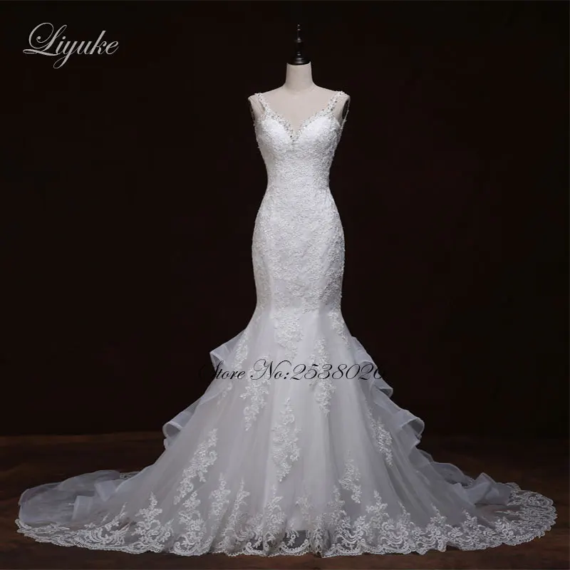 

Liyuke J295 Chic Lace Chiffon Sweetheart Mermaid Wedding Dress Sweet 16 Appliques Illusion 2 In 1 Gowns Full Sleeve Bridal Dress