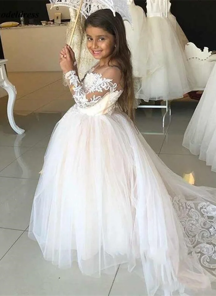 Платье с цветочным узором для девочек на свадьбу; фатиновое бальное платье с длинными рукавами; кружевные аппликации; Маленькие платья для девочек; платья для первого причастия