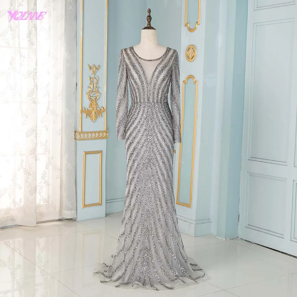 Elegant Full Sleeve Evening Dresses Long Gray Tulle Beading Mermaid Formal Women Party Dress