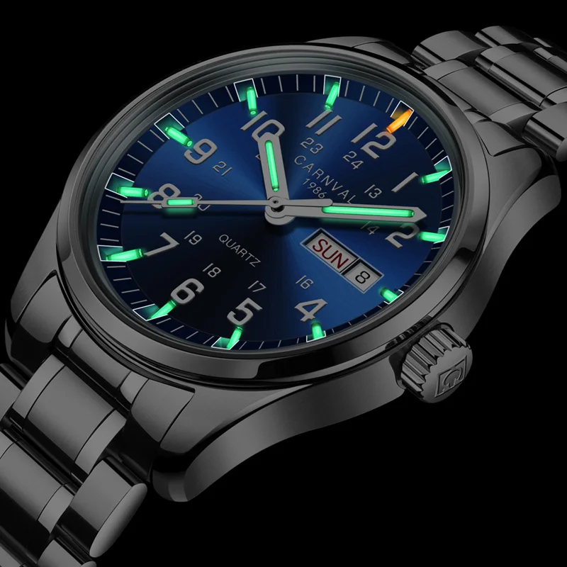 

Carnival Tritium T25 Luminous Quartz Watch Men Double Calendar Waterproof Military Waterproof Clock Full Stainless Steel