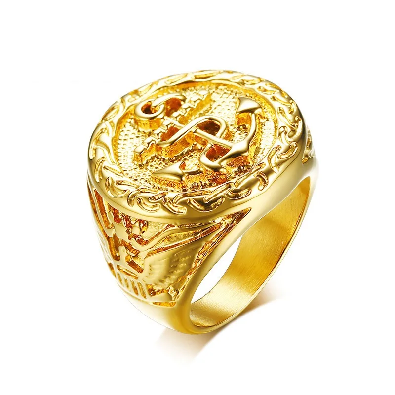 

Vintage Punk Anchor Signet Ring for Men Middle East Gold Tone Stainless Steel Luxury Ring Male Finger Jewelry Accessories