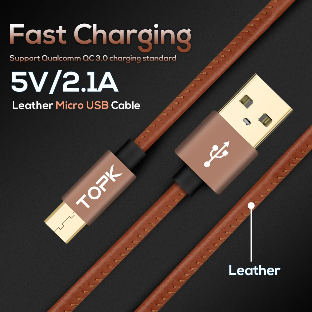 TOPK المصغّر usb كابل 2.4A سريع شاحن و كابل بيانات جلد مضفر كابل شاحن USB للهاتف المحمول كابل ل سامسونج HTC هواوي