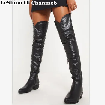

Women Ladies Snake Print Black White Over-the-knee Boots Female PU Leather Fall Winter Riding Motorcycle Thigh Boots Shoes Zip