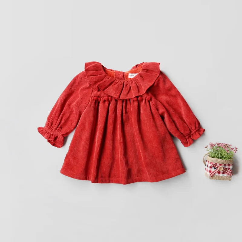 

Baby Solid Red Dress Long Sleeve Cotton Fashion o-Neck Pullover Ruffles Children Girls Dress Kids Dresses Casual Style Dress