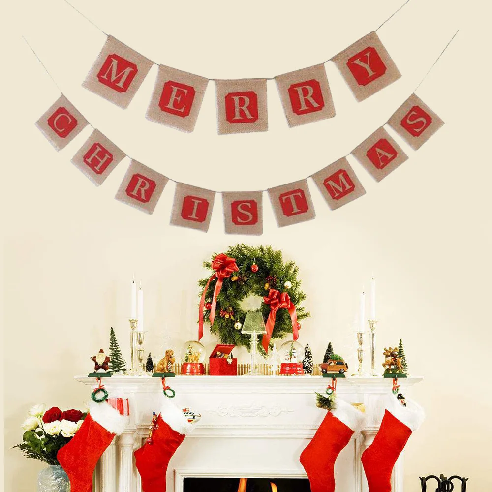 

FANLUS MERRY CHRISTMAS Burlap Bunting Banner Flags for Christmas Party