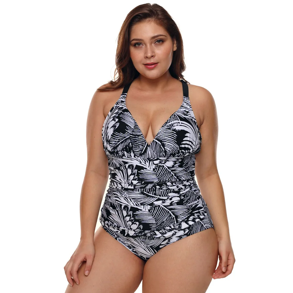 

PLUSLAND TANKINI Sexy Women Black and White Palm Print Monokini V Neck Hollow-out Detail Sleeveless Plus Size One-piece Suits