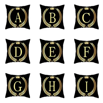 

Peach Velvet Alphabet Throw Pillow Cover Black Gilded Letter Crown Printed Cushion Cover Home Sofa Decoration Pillow Case