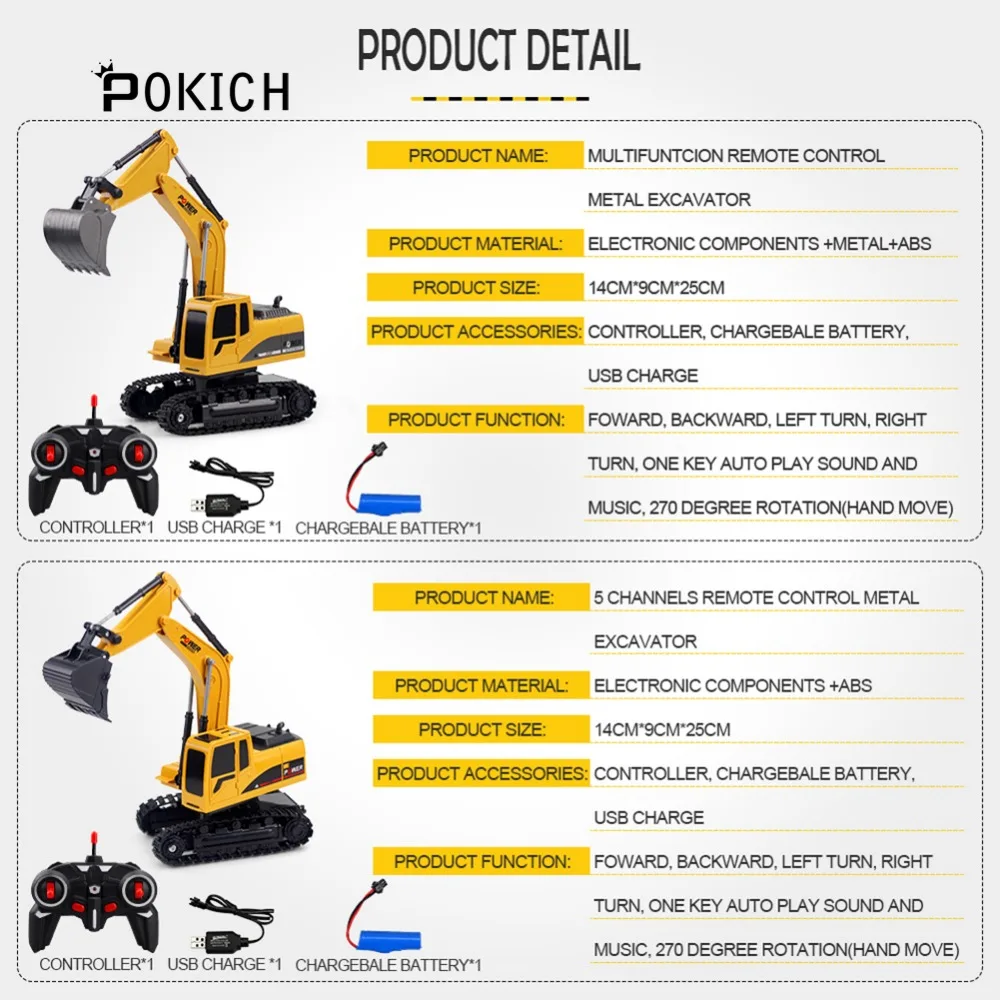 Pokich RC Excavator Remote Control truck toy Auto Lift Engineering Car Dumper Tilting Cart Tip Lorry Tractor Crawler Digger Toy