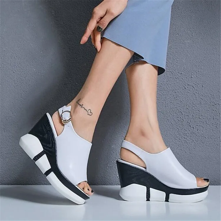 

PXELENA Vintage Rome Gladiator Sandals Women Real Genuine Leather Peep Toe Back Strap Wedge High Heels Punk Gothic Summer Shoes