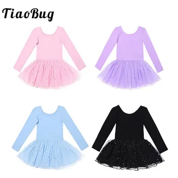 

TiaoBug Girls Long Sleeve Shiny Mesh Professional Ballet Tutu Dress Ballerina Dance Costume Children Gymnastics Leotard Dress