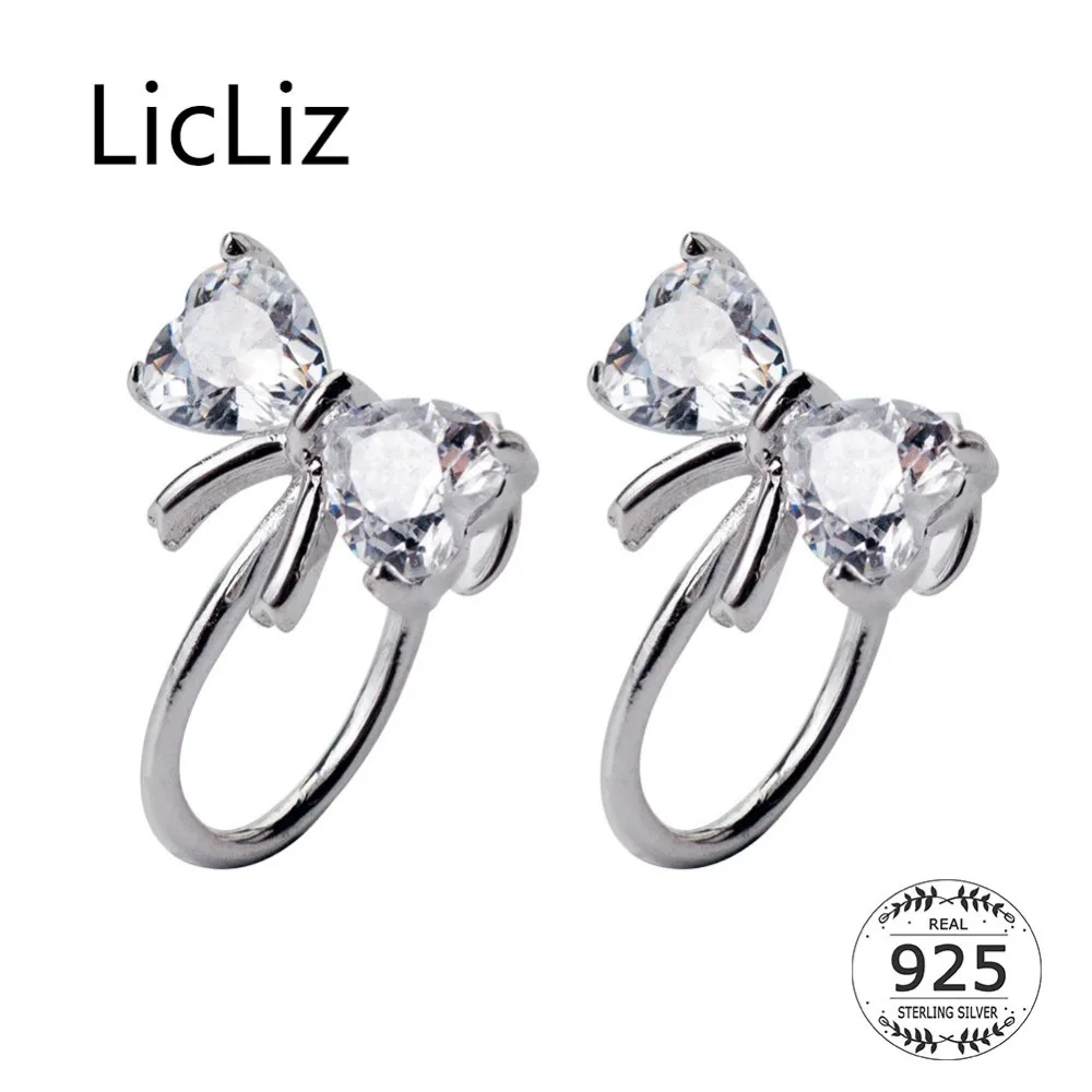 

LicLiz 2019 New 925 Sterling Silver CZ Crystal Bowknot Open Clip Earrings for Women Clear Zircon White Gold Knot Jewelry LE0568