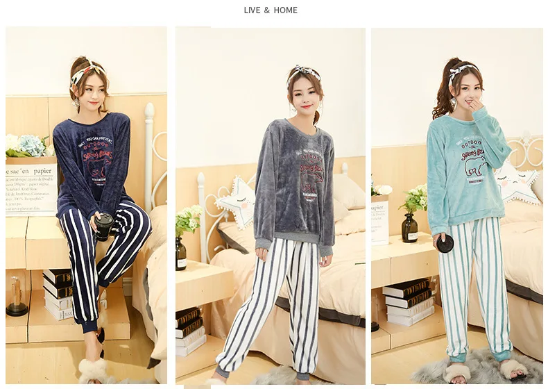 Women Autumn Spring Pajamas Long Sleeve Night Wear Clothes Stripe O-Collar Pajama Suits Women Nighty 2018 Sleeping Clothes JW337 (31)