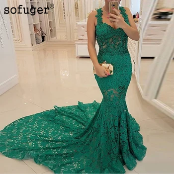 

Long Green Evening Dress Sexy Sleeveless Lace Formal Dresses Mermaid Prom Dress robe de soiree Sofuge