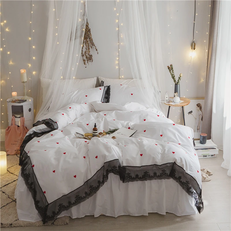 2017 New Black lace bedding sets Heart embroidery girls bed linen duvet cover bed sheet pillow