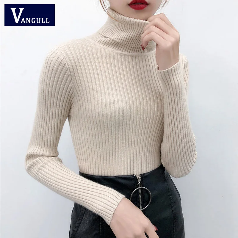 

VANGULL WomenTricots TurtleneckKnitted Sweater Pullovers High Quality Solid Cashmere Sweater 2019 Autumn Winter Female Sweater