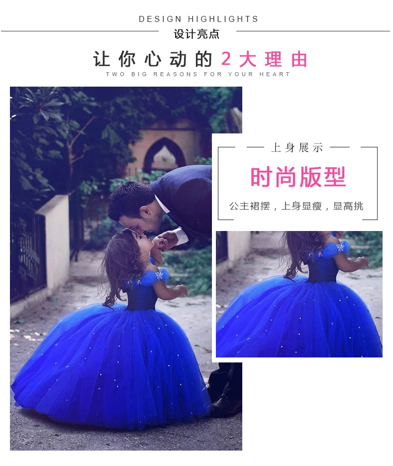 Ярко-синие платья с цветочным узором для девочек на свадьбу; платье Золушки для девочек; детское платье принцессы на день рождения; нарядное свадебное платье; костюм