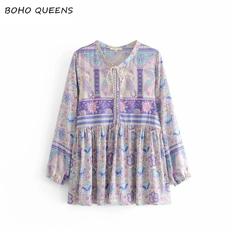 

Boho Chic fashion women bohemian floral printed v-neck lace-up rayon vintage blouse shirts long sleeve shirts female blusas