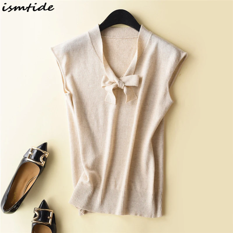 Cashmere Bow Sweater Women Short Sleeve Pure Cashmere Summer Knitted