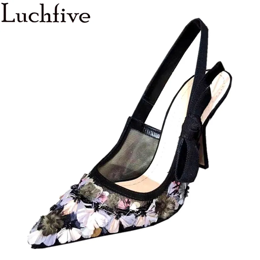 

Luchfive Embroider Feather Flowers Sandals Women Fashion High Heels Runway Genuine Leather Butterfly-knot Slingbacks Shoes Woman