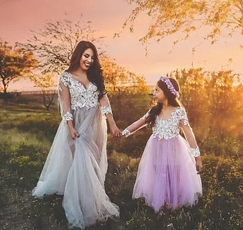 

New Girls Lavender Dresses Flower Girl Dress for Wedding White Lace Puffy Tulle Girls Pageant Gown Custom Made