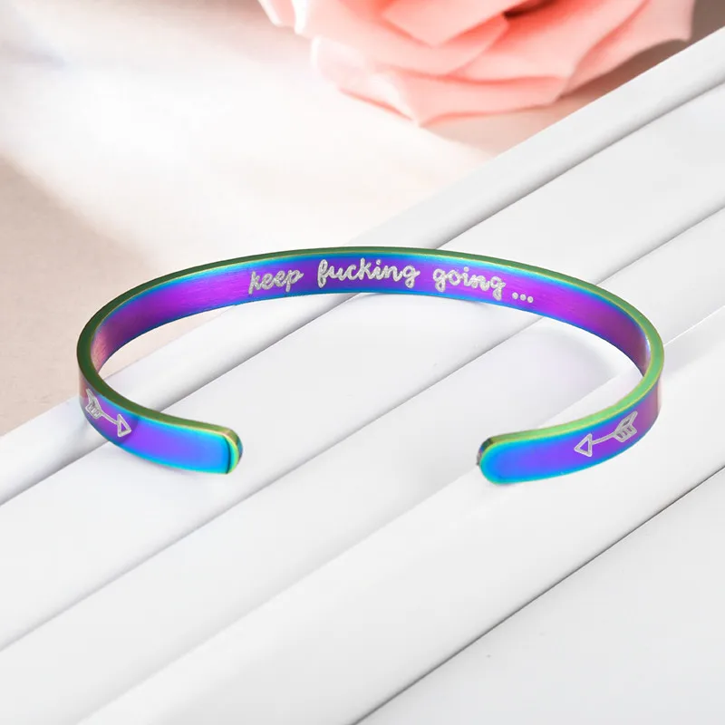 

Blue Wide 6mm Titanium Bangles Cuff Trendy Inspirational Keep Going Bracelets Friend Encouragement Bangle For Men Women Jewelry