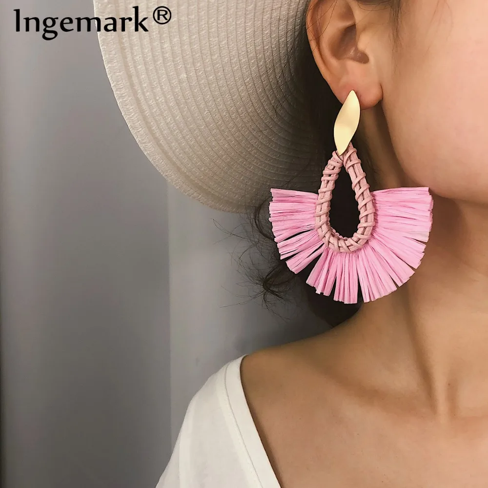 

Ingemark 2019 New Korea Handmade Wooden Straw Weave Rattan Vine Braid Geometric Big Oval Long Drop Earrings Statement Bohemian
