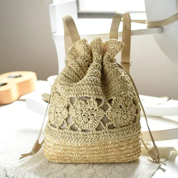 

Summer Drawstring Lace Crochet Straw Beach Bags Designer High Quality Female Hollow Out Flower Handmade Knitted Backpack