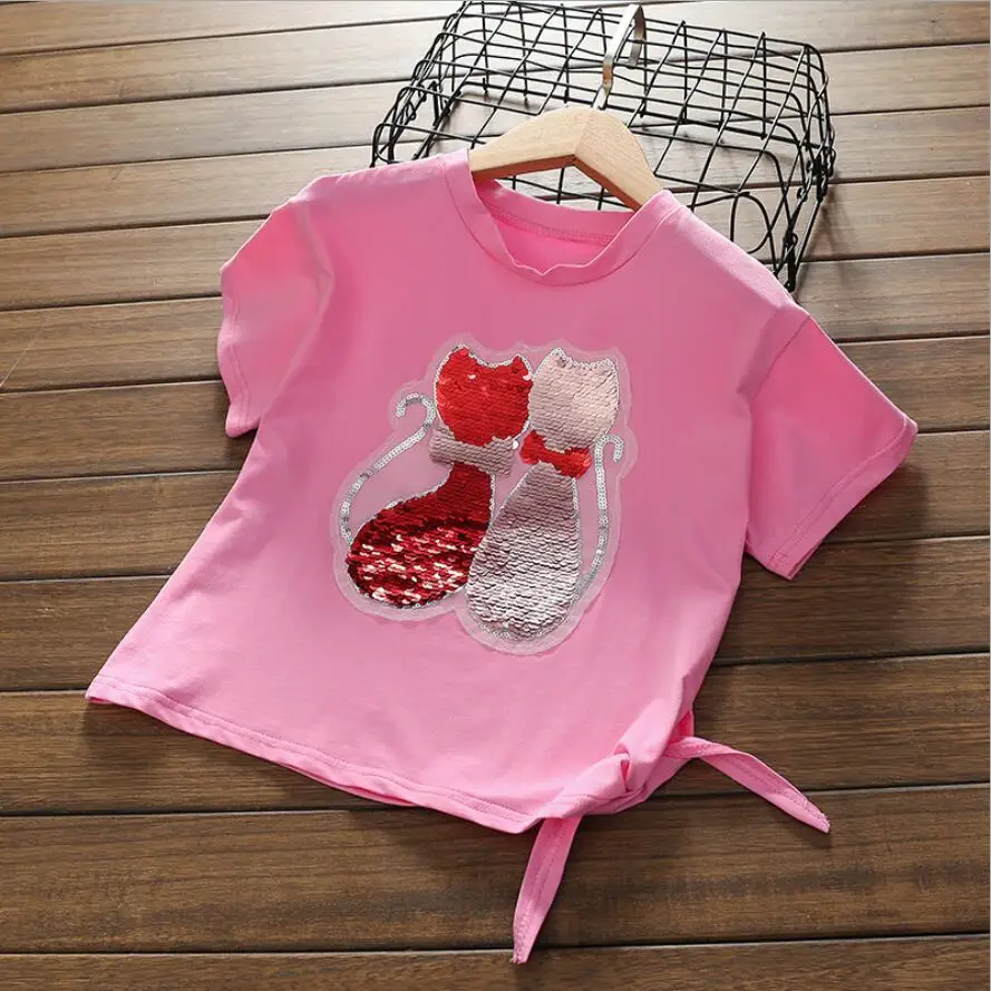 

6 7 8 9 10 11 12 13 years girl change color Fashion Style cat Sequins Girls pink T-shirts 2018 Cotton Summer Tshirt For Kids