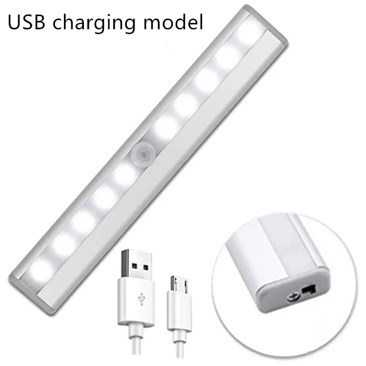 USB Перезаряжаемый под шкаф светильник ing 10Led PIR датчик движения Ночной светильник WW/W портативная наклейка беспроводной внутренний шкаф светильник - Цвет: USB charging model