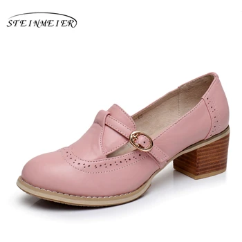 

Genuine leather big woman shoes US size 9 designer vintage High heels round toe handmade pink white blakc blue pumps 2020 summer