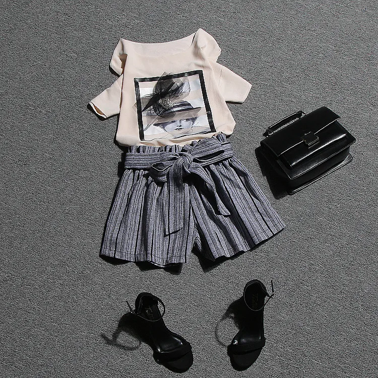 

New Summer Women's Shorts Suits Print Bows Pearls Beading Blouses And Stripped Shorts Set Clothing Set With Sashes NS297