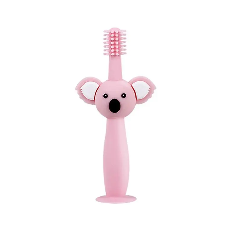 360degree Baby Toothbrush Koala Head Handle Infant Brushing Teeth Training Safe Design Soft Healthy Silicone Toddler Oral Care - Color: Pink