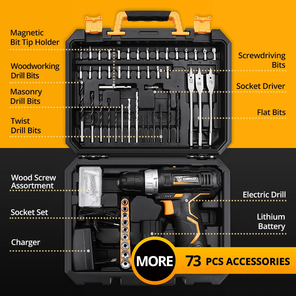 DEKO GCD12DU3 12V Max Household Power Tool Electric Screwdriver with LED Light 2 Speed Cordless Drill with 2 Battery Y Box BMC